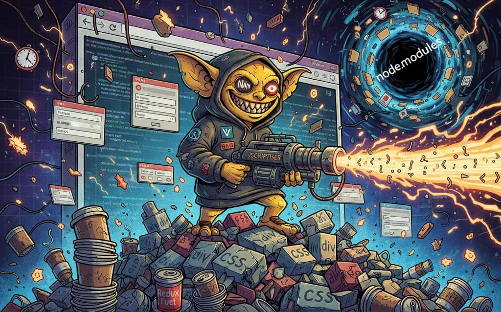 JScriptiser mentor character - a developer with a code gun shooting JavaScript snippets